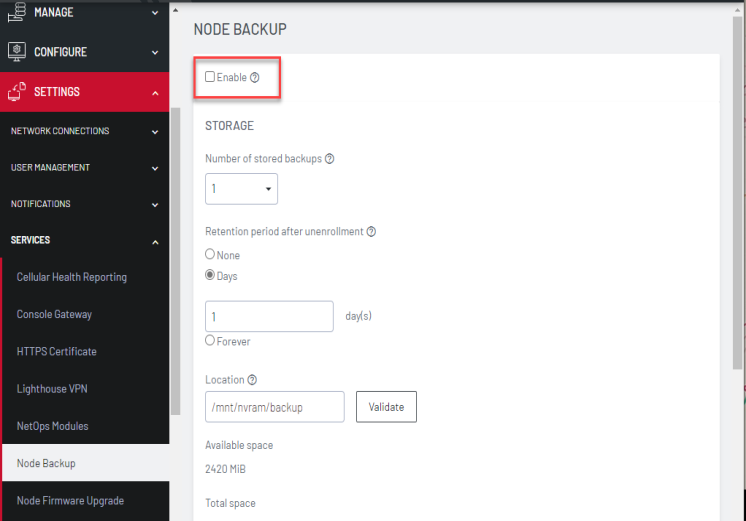 Image of the LIghthouse UI showing how to set up node backup
